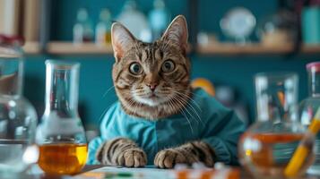 ai generado curioso atigrado gato con sorprendentes azul ojos vistiendo un laboratorio Saco en medio de vistoso químico matraces en un Ciencias laboratorio configuración, creando un caprichoso concepto de científico investigación foto