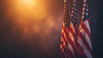 AI generated Two American flags backlit by a warm sunset glow, symbolizing patriotism and national holidays in the United States photo