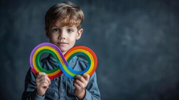 AI generated Caucasian boy holding colorful infinity symbol, concept of Autism Awareness, on a textured grey background photo