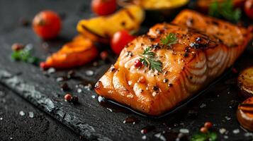 AI generated Grilled salmon fillet garnished with parsley and pepper on a slate surface, with roasted vegetables in the background   a gourmet seafood concept photo