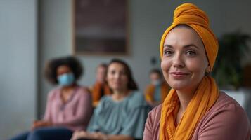 AI generated Confident woman with a yellow headscarf smiling in a diverse seminar audience, depicting inclusivity and teamwork in a corporate environment photo