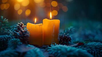 AI generated Two lit yellow candles with dripping wax nestled among frost covered pine cones and evergreen branches, conveying a cozy, festive ambiance suggestive of the Christmas season photo