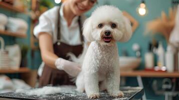 ai generado sonriente mujer en delantal horneando con adorable bichón frise en cocina mostrador rociado con harina, capturar un momento de alegría y Doméstico vida foto