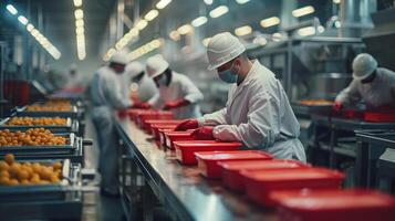 ai generado trabajadores en protector ropa eficientemente clasificación Fresco naranjas en un moderno Procesando línea en un industrial comida instalaciones foto