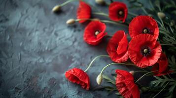 AI generated Vibrant red poppies with delicate petals and green leaves, symbolizing remembrance and peace, on a textured grey background suitable for Memorial Day themes photo