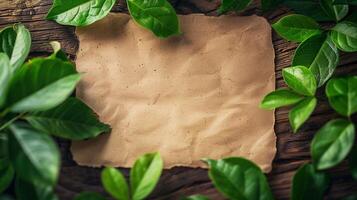 AI generated Blank vintage parchment paper surrounded by vibrant green leaves on a rustic wooden background, ideal for eco friendly concepts or nature themed design elements photo