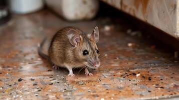 ai generado cerca arriba de un curioso marrón casa ratón cautelosamente explorador un moteado cocina piso, representando conceptos de urbano fauna silvestre o parásito controlar foto