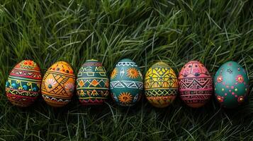 AI generated Colorful hand painted Easter eggs with intricate traditional designs nestled in a bed of vibrant green grass, symbolizing Easter celebrations and cultural artistry photo