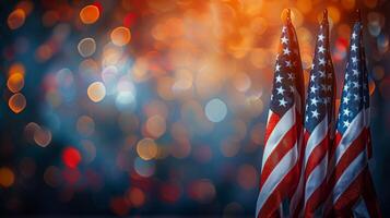 ai generado Tres americano banderas en contra un bokeh ligero fondo, simbolizando patriotismo y nacional Días festivos me gusta el cuarto de julio o monumento día foto