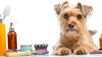 ai generado adorable Yorkshire terrier acostado siguiente a mascota aseo herramientas, incluso cepillos y champú botellas, aislado en un blanco fondo, enfatizando mascota cuidado y higiene foto