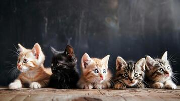 ai generado fila de adorable gatitos con varios piel patrones sentado en un de madera superficie en contra un oscuro fondo, ideal para mascota cuidado y internacional gato día conceptos foto