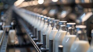 ai generado fila de sellado Leche botellas en un fábrica transportador cinturón con un suave atención antecedentes ilustrando industrial comida producción y lechería Procesando foto