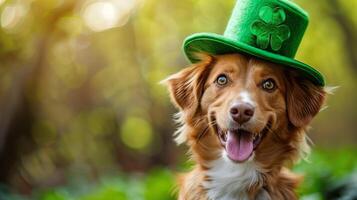 AI generated Happy brown dog wearing a green hat with a shamrock, celebrating St Patricks Day against a blurred natural background photo