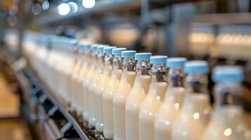 AI generated Row of sealed, fresh milk bottles on a conveyor belt in an industrial dairy factory, showcasing modern food processing and packaging technology photo