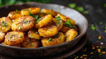 AI generated Close up of seasoned roasted potatoes garnished with fresh herbs in a rustic bowl on a dark background, perfect for culinary themes and recipe concepts photo