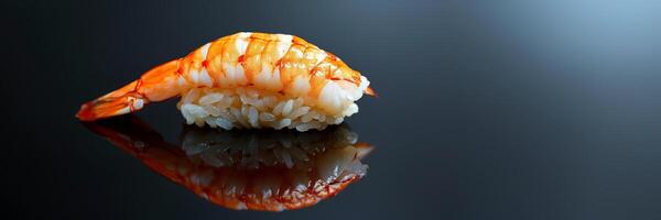 AI generated Single piece of sushi nigiri with a succulent shrimp on top, reflected on a dark, sleek surface, showcasing Japanese cuisine photo