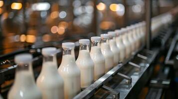 AI generated Uniform milk bottles on a conveyor belt with caps in a dairy factory, industrial food production line concept with warm bokeh background photo