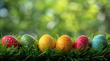 AI generated Colorful Easter eggs with decorative patterns nestled in green grass with a blurred nature background, symbolizing Easter celebration photo