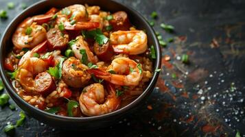 ai generado sabroso camarón Jambalaya en un negro cuenco con salchicha rebanadas, campana pimientos, y Fresco hierbas, en un oscuro rústico antecedentes ideal para mardi gras o cajún cocina temas foto