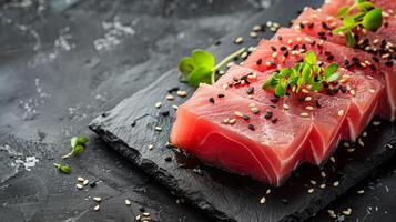 AI generated Fresh sashimi grade tuna slices garnished with sesame seeds and microgreens on a black slate, ideal for culinary concepts and Japanese cuisine photo