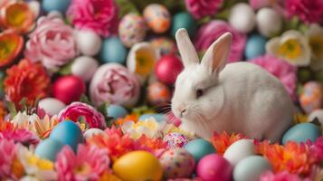 ai generado blanco Conejo anidado entre vistoso Pascua de Resurrección huevos y primavera flores, simbolizando Pascua de Resurrección celebraciones y primavera festividades, Perfecto para estacional fiesta temática telones de fondo foto