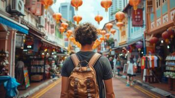 AI generated Young backpacker exploring vibrant Asian street market adorned with red lanterns, possibly during Chinese New Year festivities, urban travel and culture concept photo