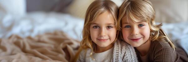 AI generated Close up of two joyful Caucasian siblings, a boy and a girl with blond hair, smiling and embracing in a cozy, homely atmosphere, conveying warmth and family togetherness photo