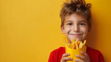 AI generated Cheerful young Caucasian boy with messy hair holding a vibrant yellow container of french fries against a mustard yellow background, representing childhood enjoyment and fast food concept photo
