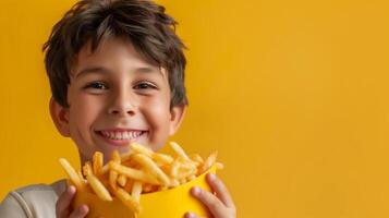 AI generated Cheerful young boy holding a bowl of french fries on a vibrant yellow background, expressing joy and the concept of indulgence or fast food enjoyment photo