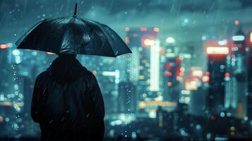 AI generated Person with umbrella standing in urban rain at night, city lights blurred in background, concept of solitude or contemplation, weather related imagery photo