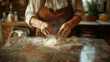 AI generated Close up of unrecognizable person kneading dough on a rustic wooden table, concept of homemade baking, possibly related to culinary traditions or holidays photo