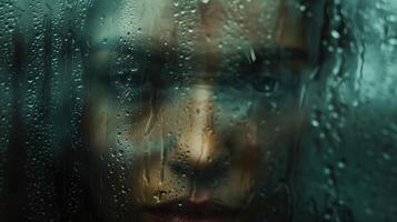 AI generated Contemplative person gazing through a raindrop covered window, capturing a mood of introspection or longing, suitable for concepts of solitude or reflection photo