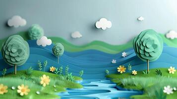 AI generated Stylized 3D paper art landscape with rolling hills, trees, clouds, and river, symbolizing serenity and eco friendly concepts in a tranquil, pastoral scene photo