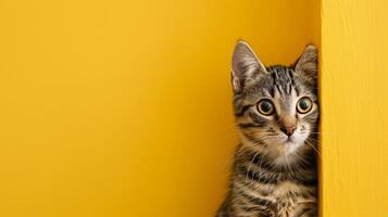 AI generated Curious tabby kitten peeking out from behind a vibrant yellow wall, creating a visually striking image with a monochromatic background photo