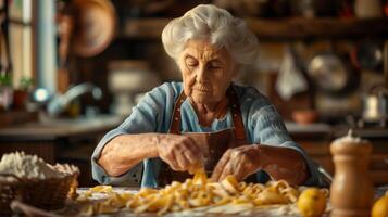 ai generado mayor caucásico mujer en delantal preparando hecho en casa pasta en un rústico cocina, representando tradicional Cocinando y familia patrimonio foto