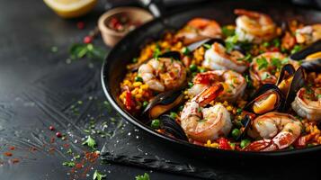 ai generado cerca arriba de un vistoso Mariscos paella en un pan presentando camarón, mejillones, y verduras, adornado con perejil, reflejando Español cocina concepto en un oscuro antecedentes foto