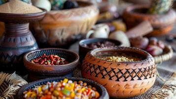 AI generated Assorted grains and legumes in traditional ethnic pottery bowls, evoking a rustic and cultural vibe suitable for themes related to harvest, culinary traditions, or Thanksgiving photo