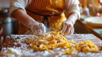 ai generado persona en un naranja delantal haciendo Fresco Fettuccine pasta por mano en un enharinado de madera superficie, evocando hecho en casa Cocinando y italiano cocina foto