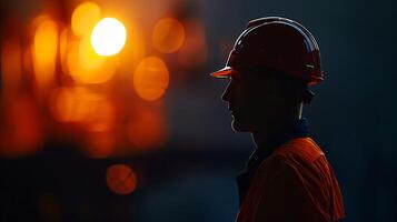 AI generated Silhouette of a construction worker in a hard hat against a blurred background with bright lens flare, depicting industry and labor concept photo