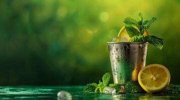 AI generated A traditional mint julep drink adorned with a sprig of mint and a slice of lemon, isolated on a gradient background photo