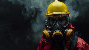 AI generated Worker in protective gear with gas mask and yellow hard hat against a smoky dark background, depicting industrial safety and health hazards photo