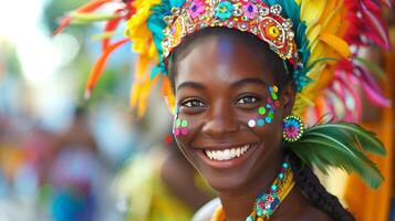 ai generado africano mujer en vibrante carnaval atuendo con un enjoyado fuente y cara lentejuelas sonriente durante un festivo celebracion foto