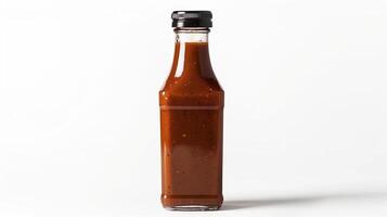 ai generado un vibrante etiqueta diseño en un parilla salsa botella con un rústico tocar, aislado en un blanco antecedentes foto