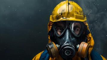 AI generated Focused adult in hazmat gear with a gas mask and yellow hard hat against a dark backdrop, depicting safety and protection in hazardous environments photo