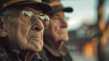 AI generated Elderly Caucasian veteran with glasses, reflecting on past experiences, in a solemn, thoughtful portrait with blurred background photo