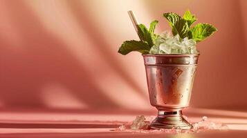 AI generated A mint julep cocktail in a silver cup, garnished with fresh mint leaves and a straw, isolated on a gradient background photo