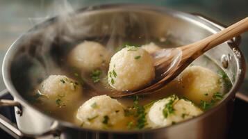 AI generated A wooden spoon stirring traditional Jewish Matzah Ball soup in a stainless steel pot, isolated on a gradient background photo