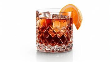 AI generated An elegant glassware set filled with Negroni cocktail, garnished with an orange slice, isolated on a white background photo