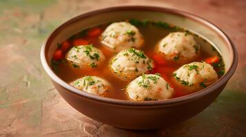 AI generated Matzo ball soup served in a ceramic bowl, isolated on a gradient background photo