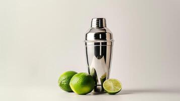 AI generated A stainless steel cocktail shaker used in margarita preparation process, isolated on a white background photo